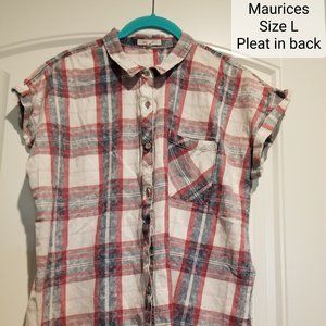 Maurices button up t-shirt, red, white, and blue plaid, size Large
